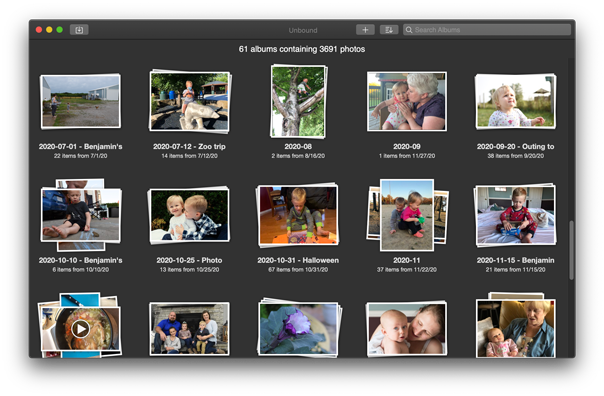 Screenshot of the albums overview screen in Unbound Photo Browser for Mac
