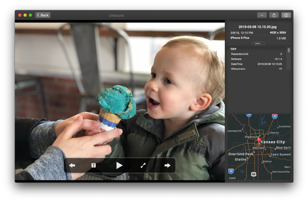 Inspecting an individual photo in Unbound, showing both EXIF information and a map with the image's geolocation